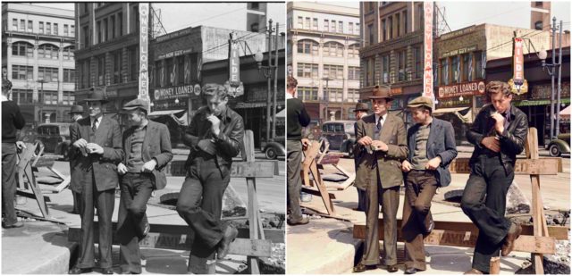 Unemployed Men Hanging Out On The Street In San Francisco, California (April 1939). Original Photo: Library of Congress. Colorized by Marina Amaral