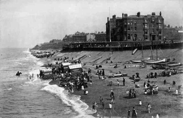 The Blackpool Beach, Britain, 1890, also showing some nice Bathing machines
