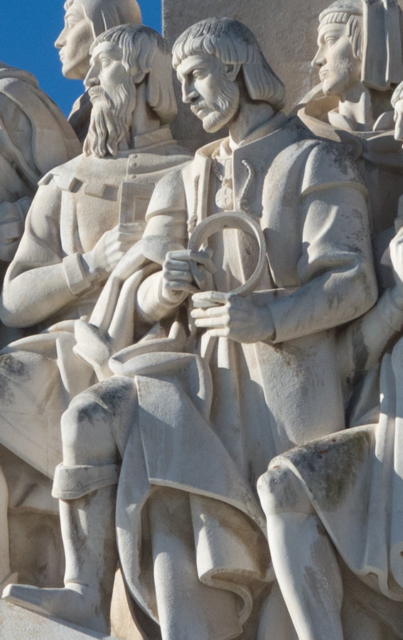Effigy of Ferdinand Magellan in the Monument to the Discoveries, in Lisbon, Portugal, photo credit