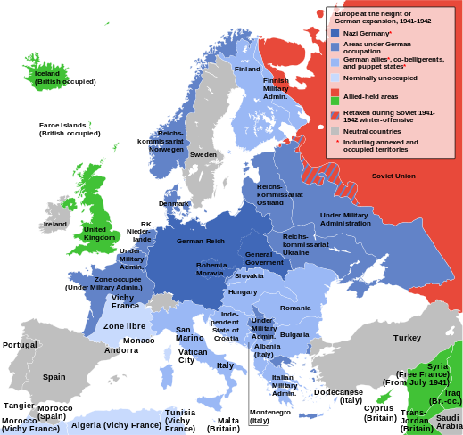 This map shows the maximum extension of the Third Reich in 1941/1942, including the Axis and the puppet states. The effective control of territories so vast beyond the Germanic area could not be achieved without the active cooperation of local relays, participating in internal security and control of the dominated populations in Europe. Photo Credit