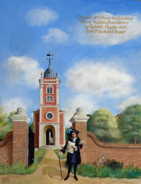 Robert Hooke designed this English parish church for Dr. Richard Busby. Oil painting, 2009