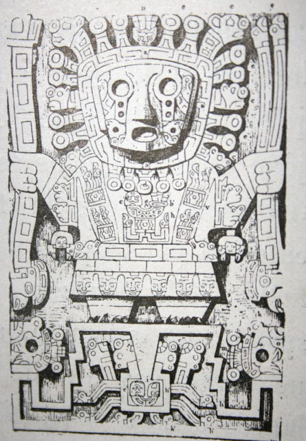 Bas-relief representing the god Viracocha, the central motif of the gate of the Sun at Tiahuanaco. Engraving published in the book of Wiener “Peru and Bolivia”.