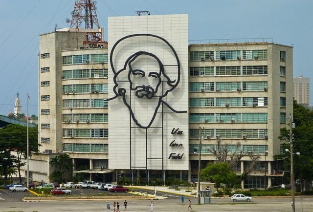 Steel outline of Cienfuegos on the Ministry of Informatics and Communications, Havana, Cuba, 2011  Photo credit