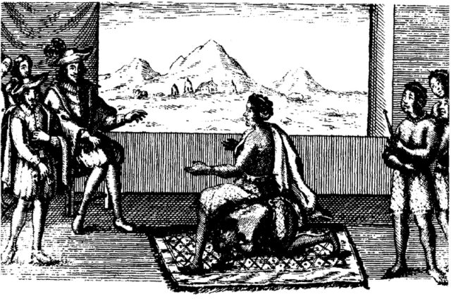 Contemporary illustration of Queen Nzinga in negotiations with the Portuguese governor