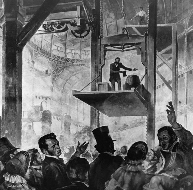 Elisha Otis demo of his free-fall prevention mechanism, Crystal Palace, 1854