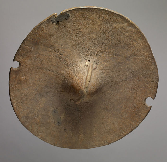 A late example of a traditional Beja round shield, typically made of rhinoceros or hippopotamus hide. Part of the Walters Art Museum collection, USA