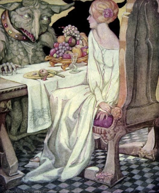An illustration showing Beauty having dinner with the Beast. Work by Anne Anderson