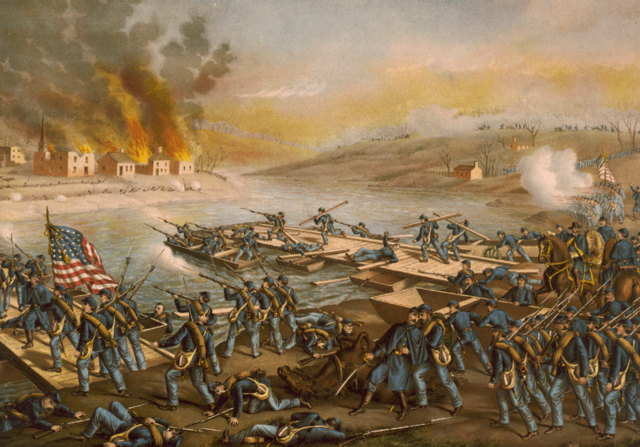 Battle of Fredericksburg: The Army of the Potomac crossing the Rappahannock in the morning of December 13, 1862, under the command of Generals: Burnside, Sumner, Hooker & Franklin.