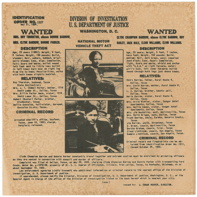 Original 8 x 8 wanted poster for Bonnie Parker and Clyde Barrow, issued on May 21, 1934, by the Department of Justice for a violation of the National Motor Vehicle Theft Act