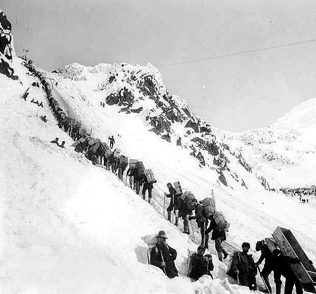 Klondikers carrying supplies up the Chilkoot Pass, 1898