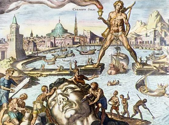 The Colossus of Rhodes as imagined in a 16th-century engraving by Martin Heemskerck, part of his series of the Seven Wonders of the World