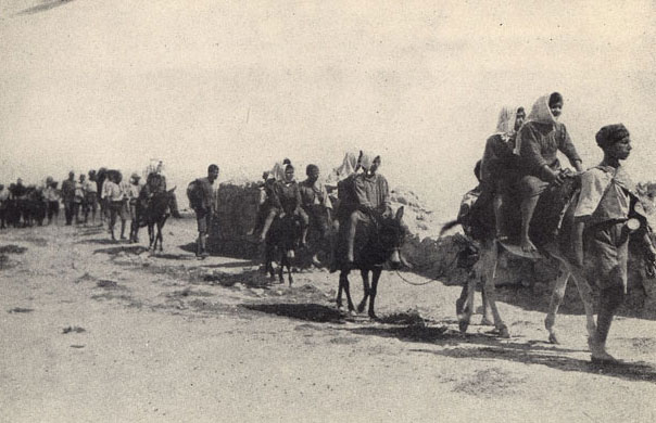 In 1922-23, approximately 22,000 children were evacuated from orphanages in interior Turkey to Syria and Greece. This picture shows part of the 5,000 children from Kharput en route on donkey back and foot