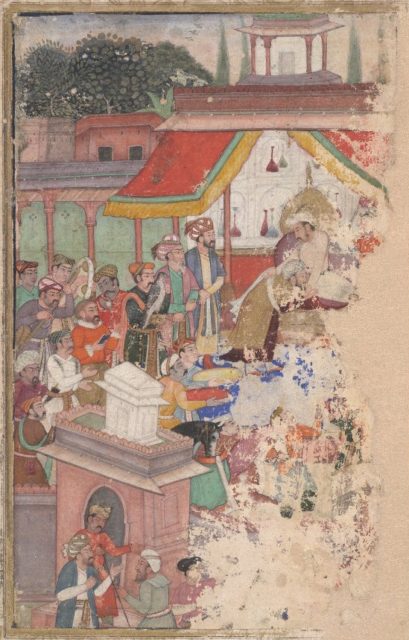 Jahangir investing a courtier with a robe of honor, watched by Sir Thomas Roe, English ambassador to the court of Jahangir at Agra from 1615–18, and others