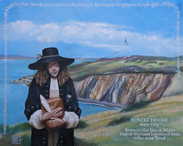 Memorial portrait of Robert Hooke at Alum Bay, Isle of Wight, his birthplace, by Rita Greer (2012)