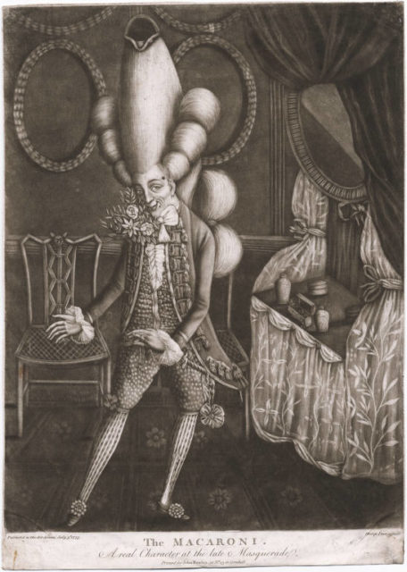 Philip Dawe, satirical political cartoonist – “The Macaroni.” A drawing of a real character at the late Masquerade from July 1773.