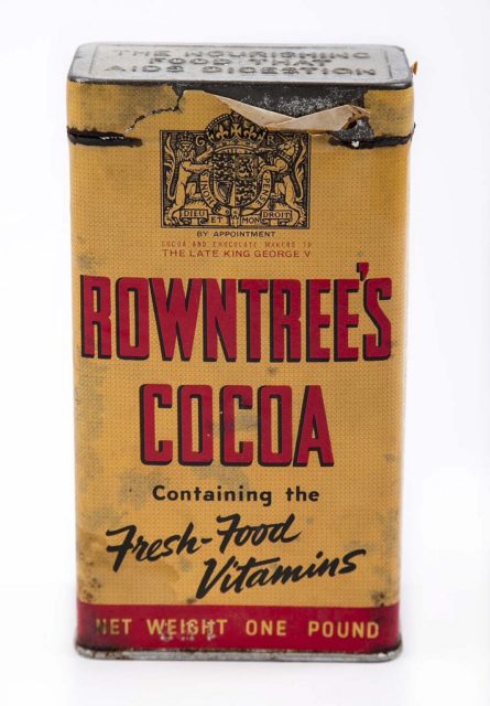 Rowntree’s Cocoa Tin, with yellow, black and red label.Manufactured by Rowntree & Co Ltd, York, Yorkshire, England, UK, 1914 – 18.Photo Credit: Tyne & Wear Archives & Museums