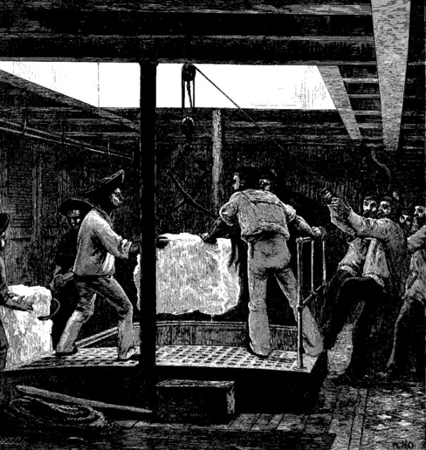 Loading ice on a ship prior to a journey to India.