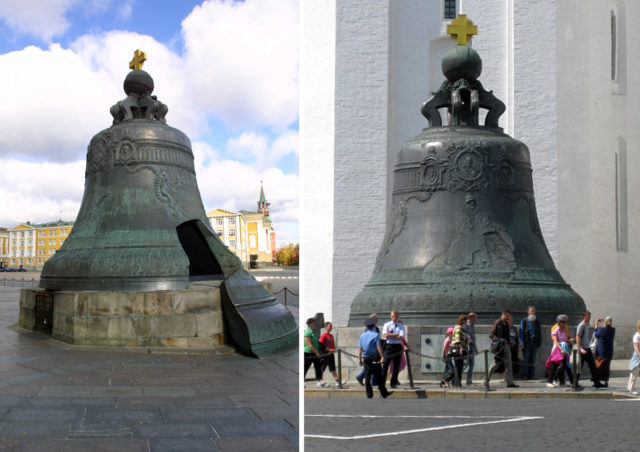 The broken Tsar Bell remained in the pit for almost 100 years after a fire in 1737 until it was raised and placed on a pedestal by Auguste de Montferrand. Photo Credit1 Photo Credit2