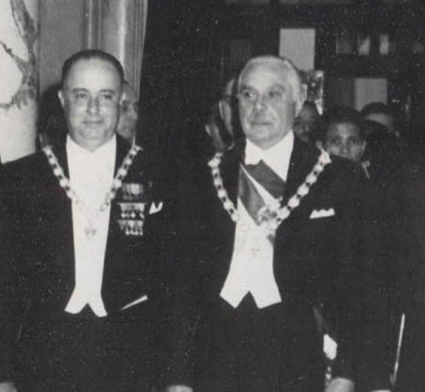 Rafael Trujillo (right) and guest Anastasio Somoza at the inauguration of Héctor Trujillo as president in 1952