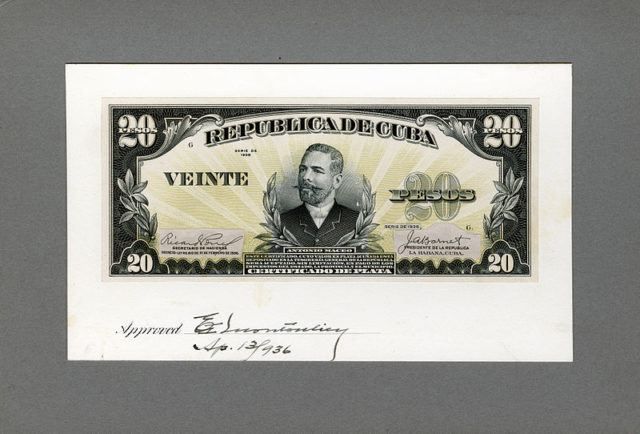 Maceo depicted on the original artist/progress proof designed by the Bureau of Engraving and Printing for Cuban silver certificates (1936)