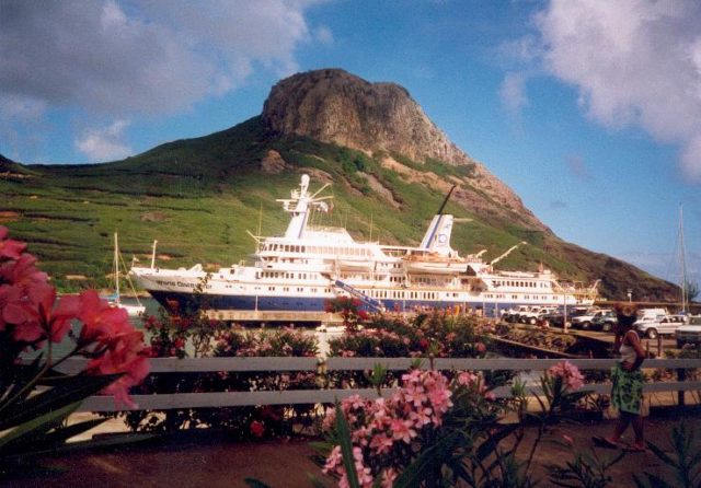 World Discoverer at port in Ua Pou, in the Marquesas Islands, French Polynesia. Photo Credit