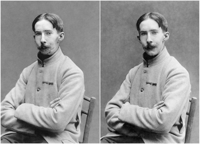 “French mutilé before and after being fitted with a mask by Mrs. Anna Coleman Ladd, of the American Red Cross, thus making him able to appear in public unnoticed.”
