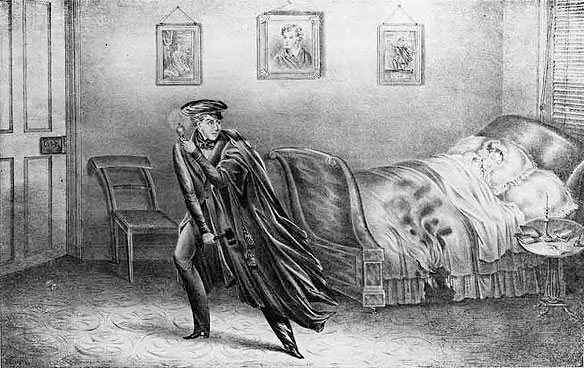 An illustration of the murder scene from a pamphlet. With hatchet in hand, Richard P. Robinson is on the left