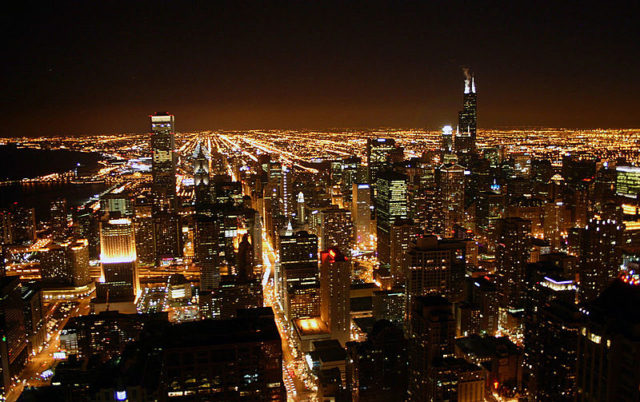 View of Chicago from the John Hancock Building at Night. Photo Credit