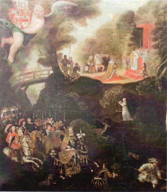 Painting by an anonymous artist from 1652 illustrating the founding legend of the cathedral; it is held by the Hildesheim Cathedral Museum. Photo Credit