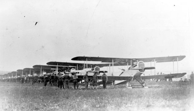 Planes of the 135th Aero Squadron line up on Aug. 7, 1918, for the first mission flown over the Front by U.S. built DH-4s. U.S. Air Force public photo