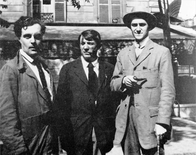 Modigliani, Pablo Picasso, and André Salmon, 1916. Although a controversial figure among the most eccentric of the Paris art circles, he was a trusted drinking buddy to every prominent figure of Cubism. Must have been the absinthe.