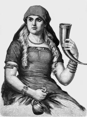 An 1893 depiction of the Norse goddess Sif holding a drinking horn.