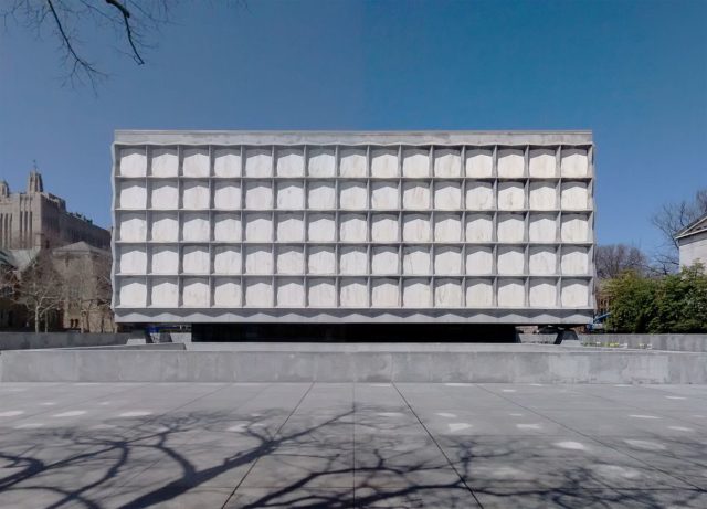 The exterior enclosure of the Beinecke Library. photo credit
