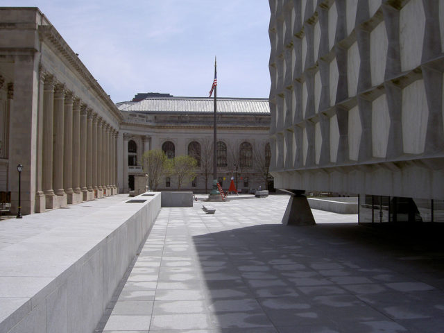 View of the neoclassical Hewitt Quadrangle surrounding the Beinecke.