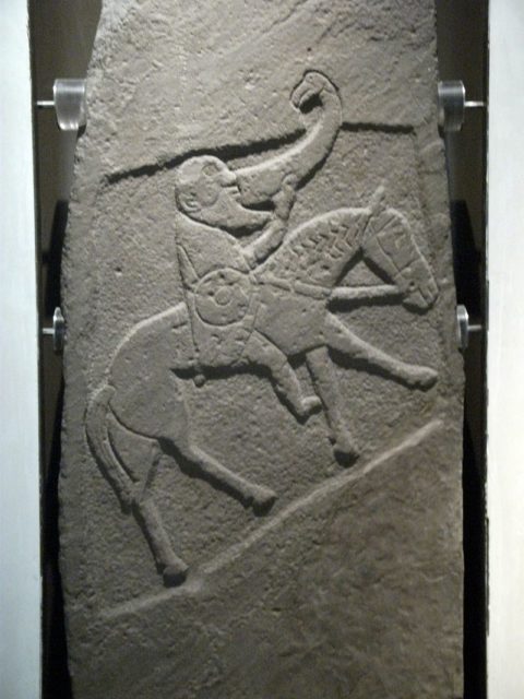 The Bullion Stone, a Pictish image stone depicting a warrior drinking from a large horn while on horseback  (discovered in 1933, Museum of Scotland, Edinburgh). Photo Credit 