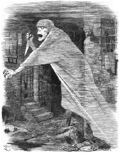 The “Nemesis of Neglect”: Jack the Ripper depicted as a phantom stalking Whitechapel, and as an embodiment of social neglect, in a Punch cartoon of 1888. 