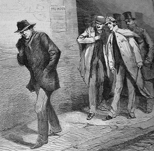 Drawing of a man with a pulled-up collar and pulled-down hat walking alone on a street, watched by a group of well-dressed men behind him.