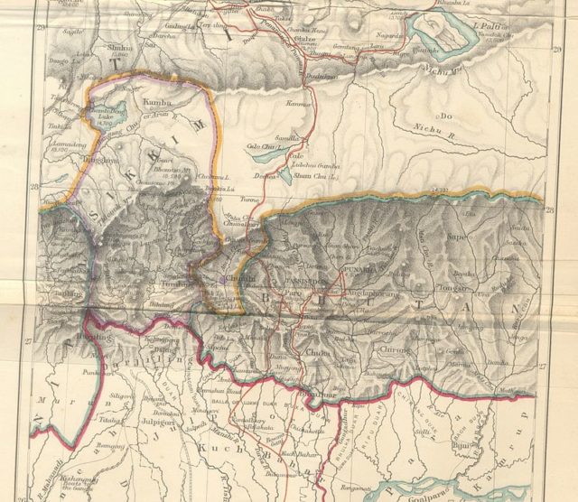 An 1876 map of Sikkim, depicting Chomto Dong Lake in northern Sikkim. However, the whole of Chumbi and Darjeeling are not depicted as part of Sikkim in the map.