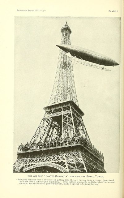 Smithsonian Annual Report – The Air Ship “Santos-Dumont 5” circling the Eiffel Tower. It’s the predecessor to the airship that won the prize later that year.