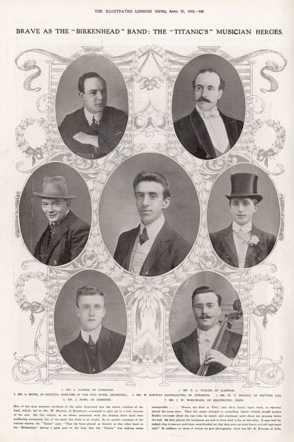 Titanic’s orchestra; at the top: Clarke; Taylor; in the middle: Krins, Hartley, Brailey; and at the bottom: Hume; Woodward. Not pictured: Bricoux.