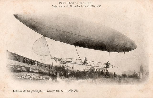 The Air Ship “Santos-Dumont No.6” taking off in Paris, France in 1901 so it can make the prize-winning circle around the Eiffel Tower