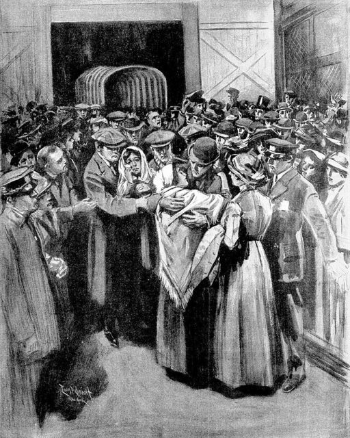 The arrival of the “ship of sorrow” – depiction of Titanic’s survivors disembarked at New York.