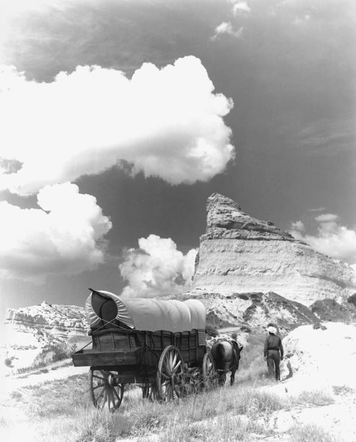 Conestoga wagon on Oregon Trail reenactment at Scotts Bluff.