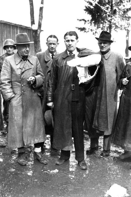 Von Braun, with his arm in a cast from a car accident, surrendered to the Americans just before this May 1945 photo.