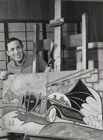 Bob Kane with a drawing of the Batmobile