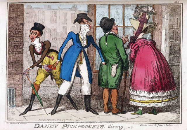“Scene Near St. James Palace.” The man and woman at right are looking at caricatures displayed in a print shop window, while the two dandies at left are stealing from the rear pockets of the man’s coat. It was published in the caricature magazine “Hudibrastic Mirror” in 1818.