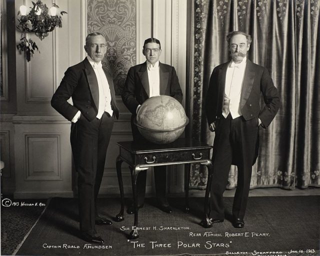 The three Polar Stars: Roald Amundsen, Ernest H. Shackleton, and Robert E. Peary in 1913. Photo credit