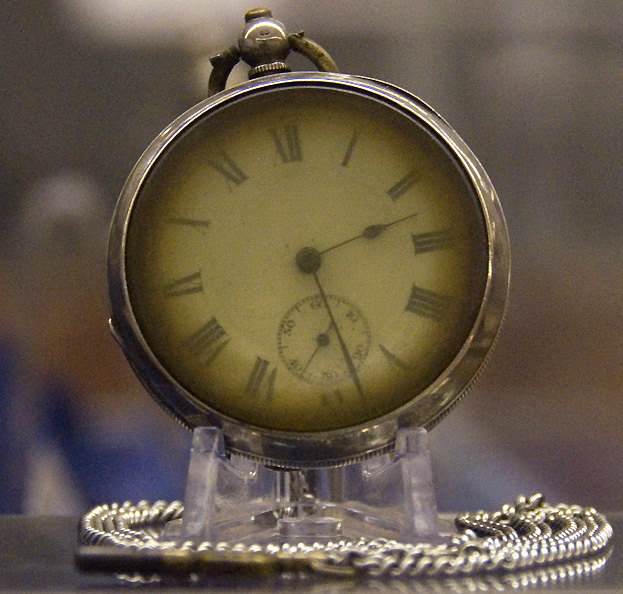 From a Titanic exhibition at Southampton – a retrieved fob watch from an unknown passenger that stopped at the approximate time that the ship went down on that fateful night on April 15, 1912, at 02:20. Photo credit