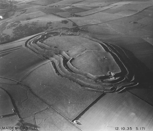 An aerial view of Maiden Castle in Dorset, one of the largest hill forts in Europe. The photo was taken on 12 October 1935.