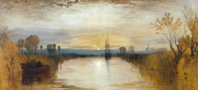 It is widely believed that Turner’s classic sunset paintings were inspired by dust from eruptions by Mount Tambora and other volcanoes. This is the “Chichester Canal” (1828)